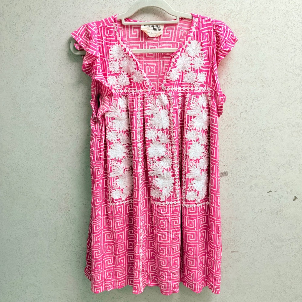 Savanna Jane Pink and White Embroidered Midi Dress
